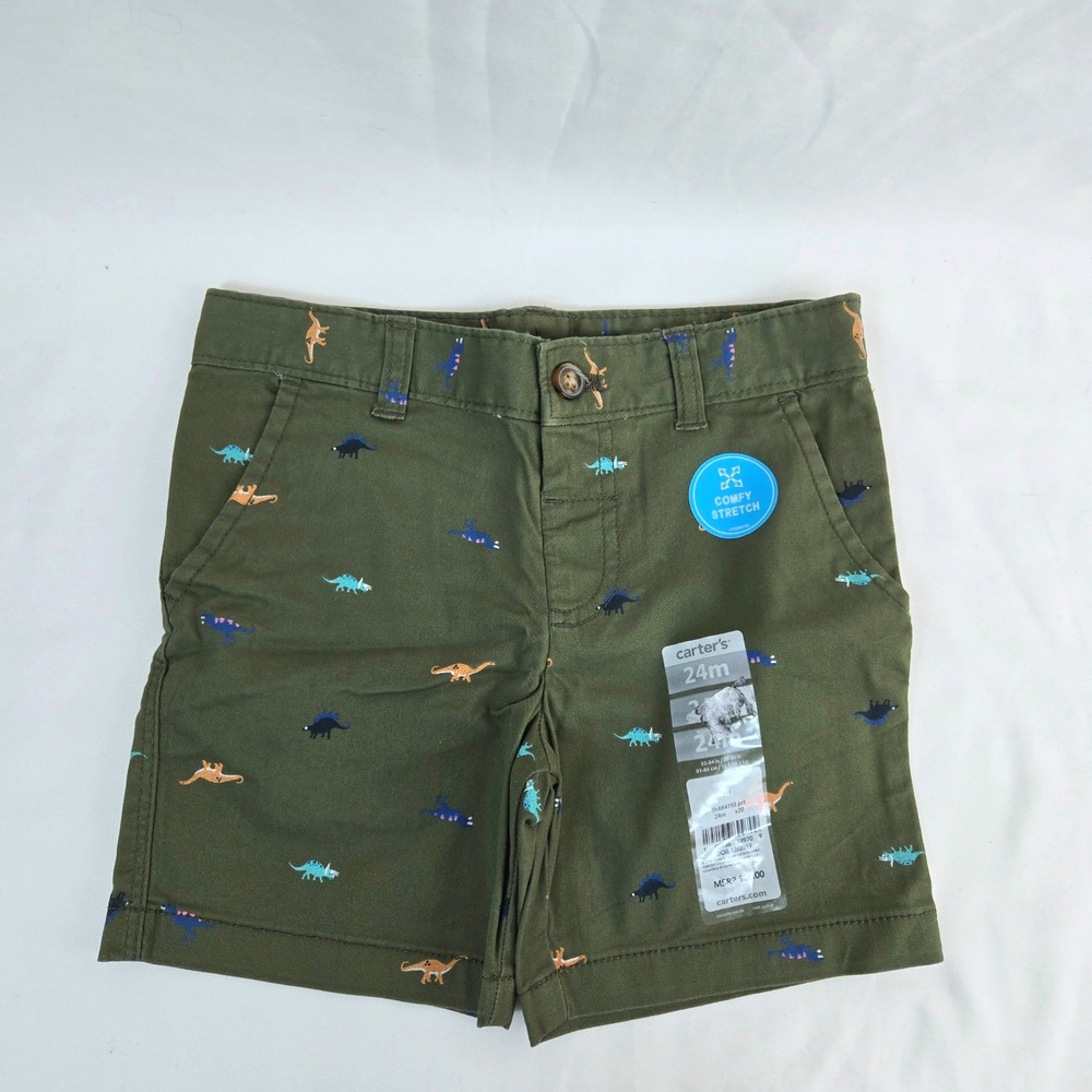 Carter's Boys Olive Green Allover Dinosaur Print Adjustable Waist Shorts 24M NEW